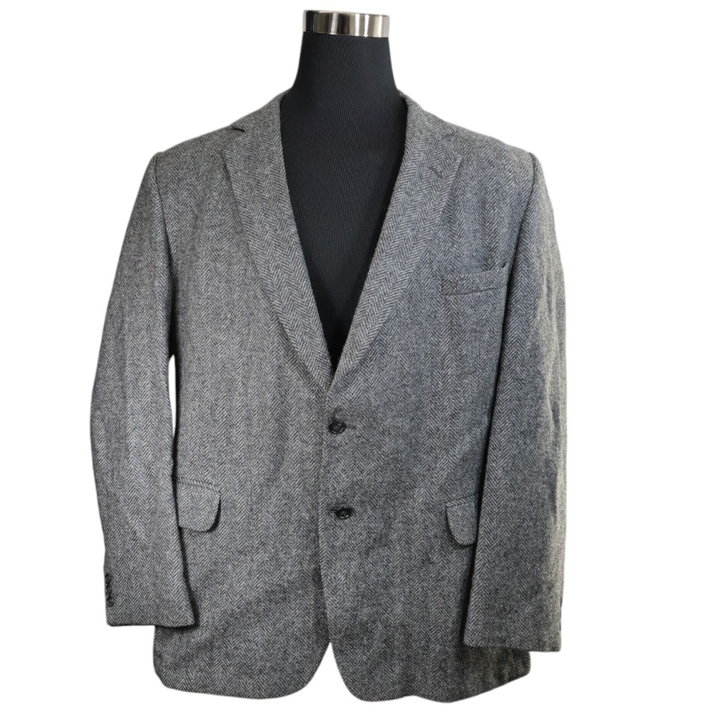 American Craftsmen Blazer Men 50 Grey Wool Herringbone Sport Coat USA Classic